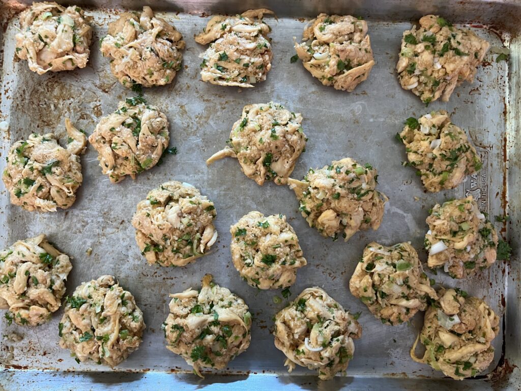 Shaped lion’s mane crab cake patties 