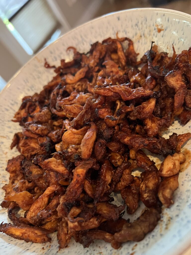 Barbecue lions mane mushroom after baking int he oven